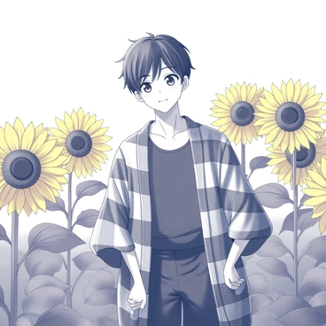A young male character with dark hair, wearing a checkered haori and a simple black shirt, stands amidst a field of tall, vibrant sunflowers. The sunflowers are large and fully bloomed, their petals arching outward. The character has a gentle expression on his face, with his eyes reflecting joy. He is positioned in a relaxed pose, with his arms at his sides, and he appears to be taking in the warmth of the sunny day. The sky above is clear, enhancing the brightness of the scene.