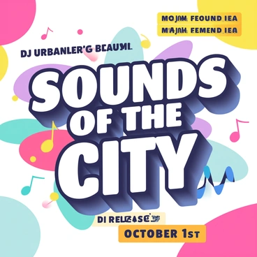 A subway ad features a bold and vibrant design for a new music album release. The background is filled with abstract shapes in bright colors such as pink, blue, and yellow. In the center, the album title “Sounds of the City” is displayed in large, white, stylized font that has a dynamic feel. Below the title, the artist's name “DJ Urban Beats” is shown in a smaller, contrasting black font. Surrounding the title are musical notes and colorful sound wave patterns that add to the energetic theme. At the bottom right corner, there is a release date “October 1st” in a striking orange font with a slight glow effect. The entire design captures an upbeat and modern essence, inviting passersby to take notice.
