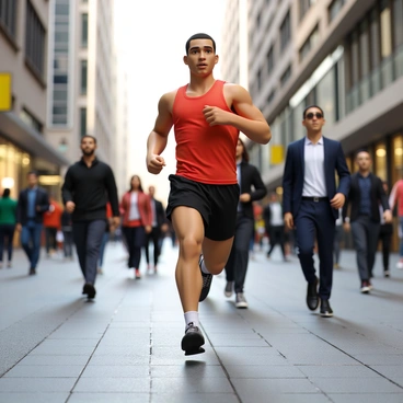 A sprinter with an athletic build and short-cropped hair, wearing a bright red tank top and black running shorts. He is in mid-stride, demonstrating speed and agility as he navigates through an urban landscape filled with bustling pedestrians. The background features a city street with tall buildings, storefronts, and people walking in various directions. Some pedestrians are looking surprised as the sprinter skillfully dodges them, showcasing his focus and determination. The scene captures the dynamic movement and energy of the city.