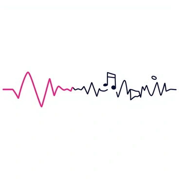 A red heart line starts from the left side and flows smoothly across the image. The line gradually transforms into a series of black musical notes that rise and fall in a rhythmic pattern. Each note is distinct and clearly outlined. The background is plain to emphasize the heart line and musical notes.