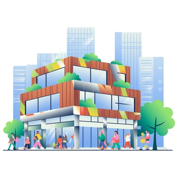 A modern structure made from various recycled materials stands prominently in an urban area. The building features a facade composed of recycled metal, glass, and wood, showcasing unique textures and colors. Large windows reflect the surrounding cityscape, and green plants are integrated into the design, adding a touch of nature to the urban setting. Sidewalks are lined with people walking by, some stopping to admire the innovative architecture. In the background, tall skyscrapers rise against a clear blue sky, creating a striking contrast with the eco-friendly building.