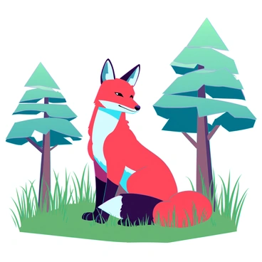 A low-poly fox with bright orange fur and a white underbelly is sitting gracefully in a forest clearing. The fox has large, pointed ears and a bushy tail that is curled around its body. Tall green grass surrounds the fox, with individual blades distinctly visible. In the background, there are stylized low-poly trees with geometric shapes and varying shades of green. Soft sunlight filters through the tree canopy, casting angular shadows on the forest floor.