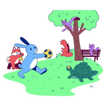 A blue rabbit is passing a yellow soccer ball to a green turtle on a grassy field. Nearby, a red fox is cheering them on while holding a yellow whistle. In the background, a purple squirrel is climbing a tree, preparing to catch the ball if it goes high. A pink bird is perched on a nearby bench, watching the game with excitement. The scene conveys a sense of teamwork and fun among the animated animals as they enjoy their playful competition in the park.