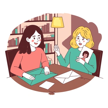 Two characters are sitting at a wooden table, each holding an envelope. One character, with brown hair, is opening a teal envelope while smiling. Inside, there is a colorful portrait of the other character. The other character, with blonde hair, is holding a white envelope and looking surprised as they reveal a drawing of themselves. Each drawing captures their unique features and expressions. The background shows a cozy room with bookshelves filled with books and a warm lamp casting a soft glow over the scene.