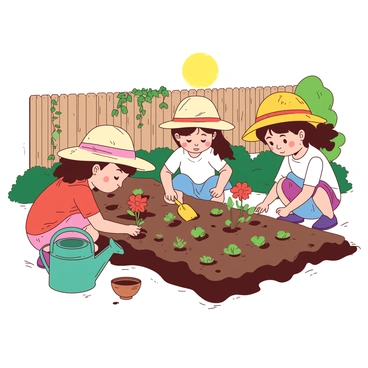 A group of preschoolers, each wearing colorful sun hats, is crouched down in a school garden. They are planting small flowers and vegetables in neat rows in the rich brown soil. One child holds a small yellow trowel, carefully digging a hole for a bright red flower. Another child is placing tiny green vegetable seeds into the ground with focused intent. Nearby, a watering can in teal is ready to provide moisture for the newly planted seeds. The backdrop features a wooden fence with climbing vines, and the sun is shining brightly overhead, casting soft shadows on the ground.