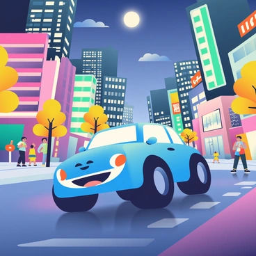 A 3D cartoon car, painted in a glossy bright blue color, is driving down a bustling city street at night. The car has oversized wheels and a cheerful face on the front. Surrounding the car, the city skyline is filled with tall buildings adorned with glowing neon lights in various colors, including pink, green, and orange. The pavement beneath the car is wet, reflecting the vibrant hues of the lights above. Various stylized trees with bright leaves are scattered along the sidewalk, and a group of cartoon pedestrians can be seen enjoying the lively atmosphere. In the sky above, a full moon casts a gentle glow over the scene.