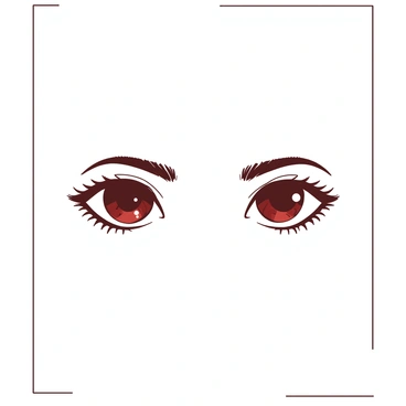 A white canvas features a pair of large, expressive eyes in the center. The eyes are drawn with intricate details, including long eyelashes and vibrant irises. They are set against a contrasting background that enhances their striking appearance. The eyes appear to be gazing directly at the viewer, creating an illusion that they follow the viewer around the room. The overall composition is balanced, drawing attention to the intensity of the gaze.