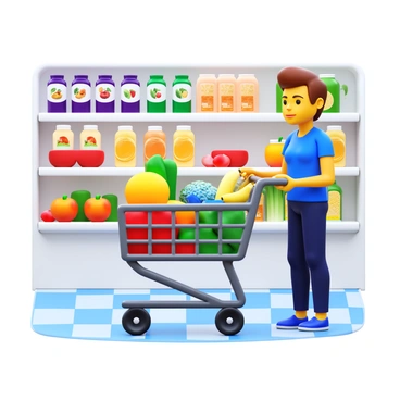 A person standing in a grocery store aisle, filling a shopping cart with various healthy foods. The cart is being loaded with fresh fruits like apples and bananas, a variety of green vegetables, and whole grains. There are also containers of supplements, such as protein powder and vitamin bottles, placed carefully in the cart. The background showcases shelves stocked with colorful packaging of fruits and vegetables, and the floor is tiled in a classic checkerboard pattern. The person has a focused expression, representing a commitment to active living.