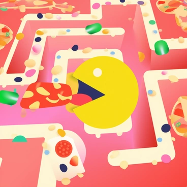 A yellow Pac-Man character is moving through a maze designed with a pizza theme. The walls of the maze are made of deep red tomato sauce, while the pathways are made of gooey, melted cheese. Toppings such as bright green bell peppers, colorful pepperoni slices, and black olives are scattered throughout the maze, creating a vibrant look. In the background, additional slices of pizza can be seen, adding to the overall theme. Pac-Man is positioned mid-chomp, with an open mouth, ready to consume a pepperoni slice located nearby.