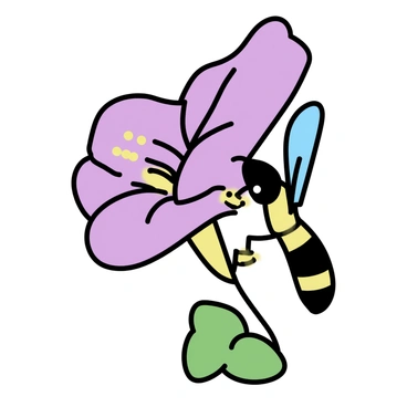A bee with black and yellow stripes is perched on a vibrant purple trumpet-shaped flower of a morning glory. The flower has broad, flaring petals, and the bee's legs are dusted with yellow pollen. The green leaves of the morning glory plant provide a contrasting backdrop. Sunlight highlights the delicate textures of the flower and the bee's wings, creating a lively scene of nature's interaction.