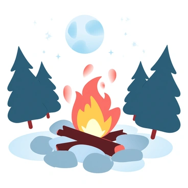 A campfire with bright, flickering flames is surrounded by several smooth stones arranged in a circle. The fire emits warm light that casts dancing shadows on the ground. Above the campfire, a full moon is shining brightly, illuminating the night sky with a silver glow. The surrounding area features silhouettes of tall pine trees framing the scene, with scattered stars twinkling in the dark sky.
