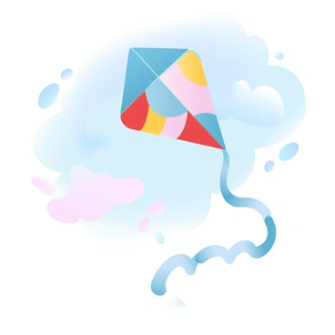 A colorful kite is descending through the air after its string has snapped. The kite features bold patterns in a variety of hues, including red, yellow, and blue, contrasting against the backdrop of a bright, clear sky. The sky is a gradient of light blue with soft, fluffy white clouds scattered throughout. The kite's tail trails behind it, fluttering gently as it falls.