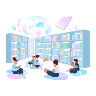 A library interior is filled with shelves overflowing with colorful books. Several books are floating in mid-air, gently hovering above the ground. Children are scattered throughout the library, each engaged in reading stories. Some children are sitting on the floor, while others are perched on cushions. Around them, vibrant illustrations from the stories are coming to life, swirling around the room. Soft pastel colors fill the space, enhancing the magical atmosphere of the scene.