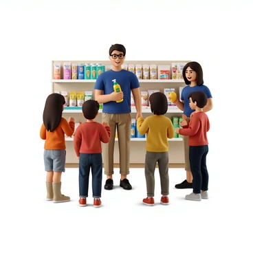 A friendly salesperson with short brown hair, wearing a blue shirt and khaki pants, stands in a brightly lit pet store, engaging with a family. The family consists of two adults, a man and a woman, and two children, a boy and a girl. The man has dark hair and glasses, while the woman has long straight hair and is wearing a red sweater. The children are excitedly looking at various pet care products. The shelves behind them are lined with colorful pet food bags, toys, and grooming supplies. The salesperson is holding a dog shampoo bottle and smiling, while the children are pointing at a display of dog toys. 