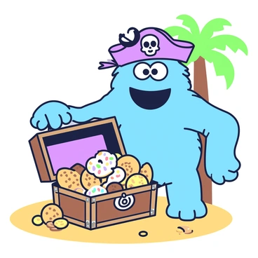 A pirate with blue fur stands proudly, resembling a cookie monster. He wears a tattered pirate hat perched atop his head, adorned with a skull emblem. His large, round eyes are wide with excitement. In front of him is an open treasure chest overflowing with cookies of various shapes and sizes. The chest is made of aged wood with metal accents, and the cookies are invitingly arranged, some adorned with colorful sprinkles. Surrounding the pirate, there are scattered gold coins glinting in the light. The scene is set against a backdrop of a sandy beach with palm trees swaying gently.