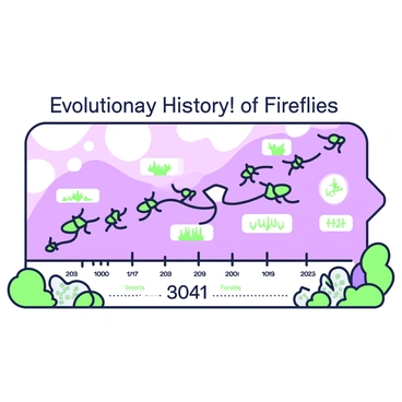 A chart depicting the evolutionary history of fireflies over millions of years is displayed prominently. The chart features multiple branching lines representing different species of fireflies, with labels indicating various points in their evolutionary timeline. Each branch has small illustrations of fireflies at different stages of evolution. The background is filled with abstract shapes representing the passage of time, while above the chart, the phrase “Evolutionary History of Fireflies” is clearly written. Along the sides, there are small icons of habitats where fireflies can be found, such as wetlands and forests.