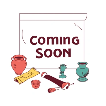 A white museum banner is displayed prominently with the words "Coming Soon" written in bold, uppercase letters. Below the text, there are illustrations of various ancient artifacts, including a small red pottery vase, a teal bronze statue, and a yellow scroll. The artifacts are arranged artistically around the banner, hinting at the exhibit's historical theme. The background is subtle, ensuring that the focus remains on the banner and the artifacts featured.