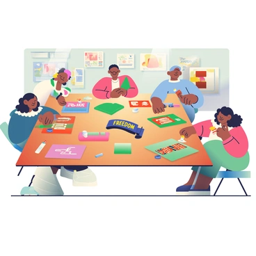 A large wooden crafts table is filled with various supplies for creating Juneteenth-themed decorations. Colorful craft papers in red, green, and black are spread across the table, along with scissors and glue sticks. In the center, there are several small, finished decorations, including paper banners and embroidered fabric pieces featuring the words "Freedom" and "Unity" in bold, bright letters. A group of people with diverse skin tones and styles are attentively working on their crafts, some cutting shapes while others are gluing elements together. The atmosphere is lively, with a sense of creativity and celebration. In the background, a wall is adorned with Juneteenth posters and art, enhancing the festive environment.