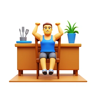 An individual performing "chest dips" using a sturdy "kitchen chair." The person has a determined expression as they push themselves upward, arms bent at the elbows. The chair is placed on a wooden floor, and there are various kitchen items like utensils and a plant in the background. The individual is wearing workout clothes, which include a tank top and shorts. The lighting in the room is bright, highlighting their physical effort and the texture of the chair.