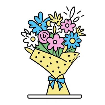 A collection of vibrant birthday flowers, including roses, daisies, and lilies, arranged artfully. The flowers are wrapped in bright, cheerful paper featuring polka dots and ribbons. The bouquet sits on a simple wooden table, showcasing its colorful and festive appearance. Each flower is distinct, with varying shapes and hues, adding to the overall lively presentation of the birthday theme.