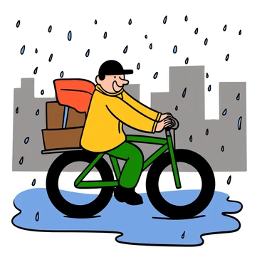 A courier with light skin and short black hair is riding a bicycle through heavy rain, wearing a yellow raincoat that protects him from the downpour. He has a determined expression on his face as he grips the handlebars tightly. The courier has a red backpack secured to his back, filled with packages. Raindrops are splashing around him, and puddles are forming on the pavement. In the background, blurred silhouettes of buildings can be seen through the heavy rain, emphasizing the challenging weather conditions.