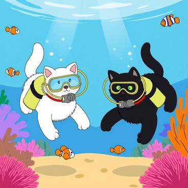 Two playful cats are equipped with colorful scuba gear, complete with goggles and small oxygen tanks. One cat is a fluffy white cat with big blue eyes, while the other is a sleek black cat with green eyes. They are swimming through a vibrant coral reef filled with an array of colorful corals in shades of pink, purple, and orange. Brightly colored fish, such as clownfish and angelfish, dart around them, adding to the lively underwater scene. The water is a clear blue, and bubbles trail behind the cats as they explore their aquatic surroundings. Sunlight filters down from the surface, creating patterns of light on the sandy ocean floor below.