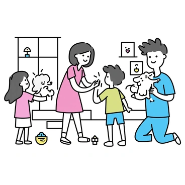 A family of four stands in a cozy living room, filled with warm light. The parents are kneeling down with smiles, welcoming a small fluffy puppy. The father, wearing a blue shirt and jeans, holds the puppy gently, while the mother, in a red dress, looks on with joy. Two children, a boy and a girl, are excitedly reaching out to pet the puppy. The girl wears a pink t-shirt and shorts, and the boy has on a green t-shirt and blue shorts. There are colorful toys scattered on the floor, and a few family photos on the wall, depicting happy moments together.