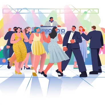 A vibrant nightclub scene is filled with people dancing and enjoying themselves. The room is illuminated by colorful lights casting patterns across the floor. In the foreground, a group of women are wearing dazzling, shimmering dresses in shades of gold, silver, and deep blue. Each dress sparkles as they move, reflecting the lights around them. The women have various hairstyles, with some having long flowing hair and others sporting chic updos. Men are dressed in crisp black suits with bow ties, engaging in conversation and laughing. In the background, a DJ is mixing tracks at a booth surrounded by speakers, creating an energetic atmosphere.