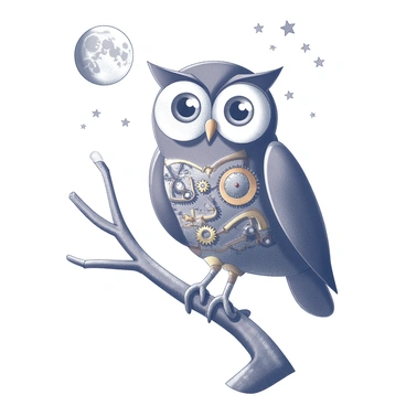 A mechanical owl with intricate gears and clockwork features is perched on a sturdy branch. The owl has brass and copper elements, with large, expressive eyes that appear to be made of glass. The branch is detailed with textured bark and small leaves, creating a natural setting. Above, a full moon illuminates the scene, casting soft shadows and highlighting the metallic surfaces of the owl. The night sky is filled with scattered stars, adding to the mystical atmosphere of the moment.