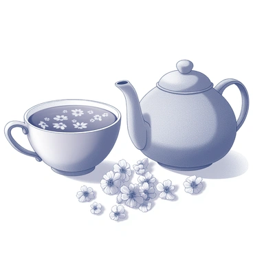 A cup filled with herbal tea sits on a table. The surface of the tea is adorned with delicate floating cornflower petals, creating an intricate pattern. Beside the cup, there is a teapot with a curved spout and a round body, intricately detailed with a textured surface. The teapot's handle is arched gracefully, complementing the overall composition. The scene captures the tranquility of tea time, highlighting the gentle interaction between the cup and the teapot.