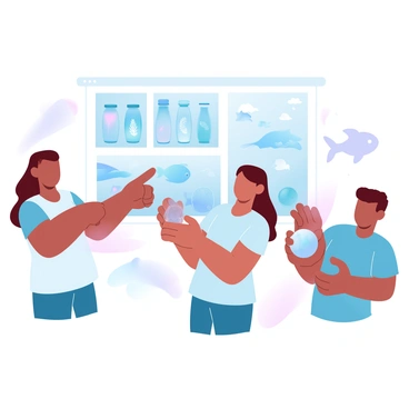 A group of three children is standing in front of a colorful poster that displays various solutions to ocean pollution. One child is pointing at a section of the poster that features illustrations of recycling bins and marine life. Another child is holding a model of a water filtration system made from plastic bottles. The third child is dressed in a blue t-shirt and is holding a small globe in their hands, symbolizing the importance of caring for the Earth. The background is decorated with drawings of waves and fish.