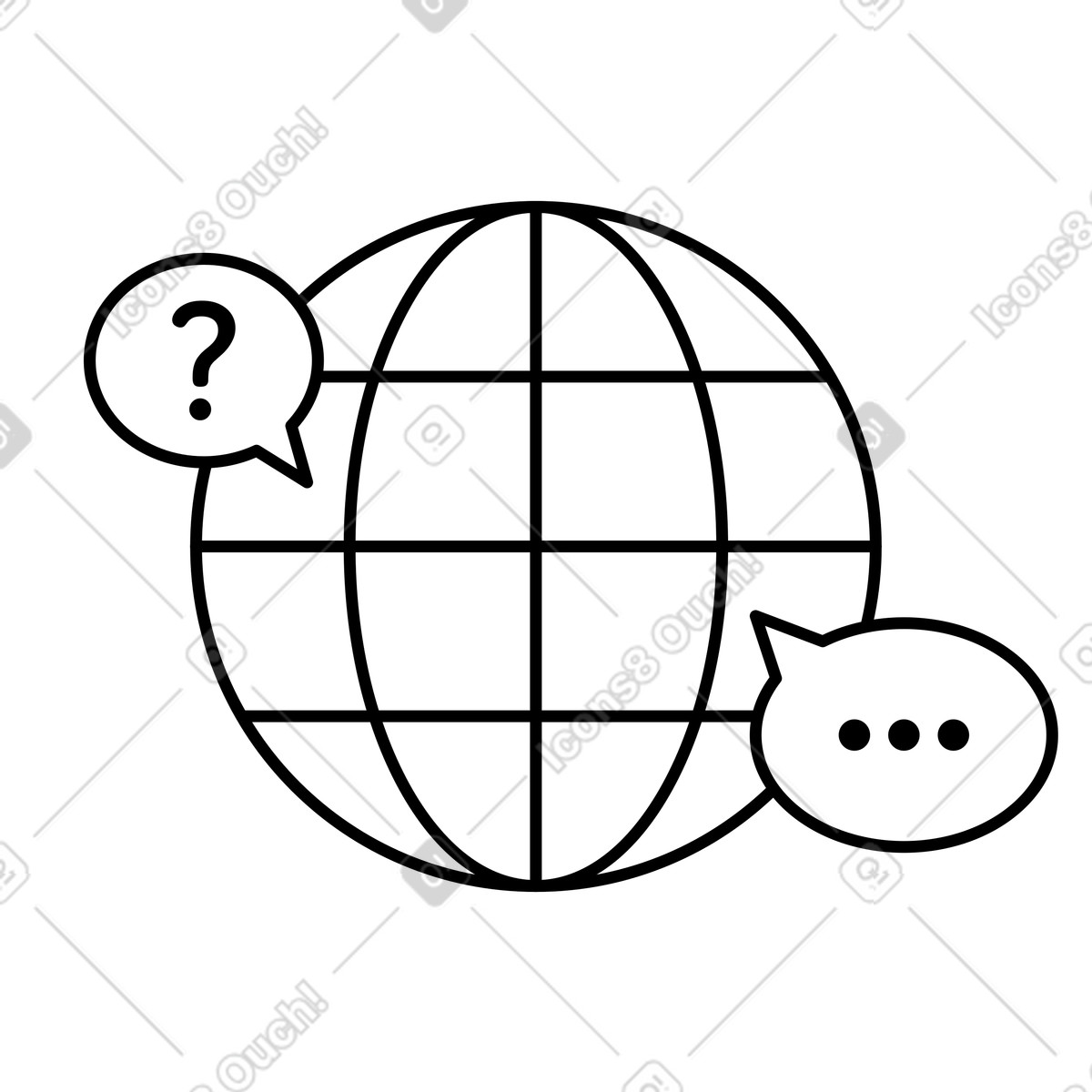 下载 Notion Line Art 风格的 Globe communication bubbles with question mark and typing ellipsis symbols 插画，支持 PNG、SVG 格式