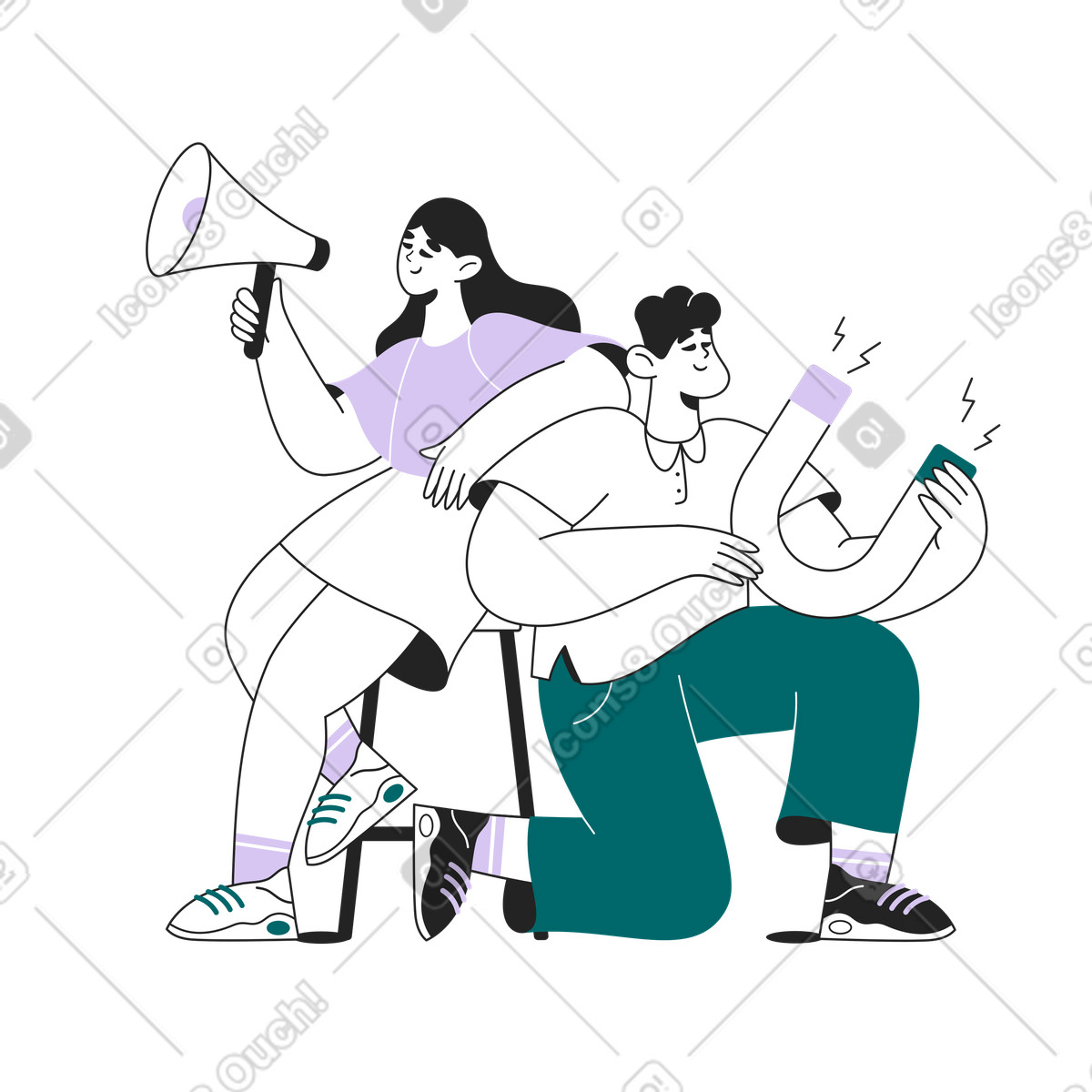 Colleagues promoting with loudspeaker and magnet, Influencer outreach campaign illustration in Sammy Line style download in PNG, SVG