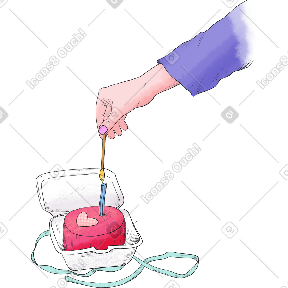 Hand lighting a candle on small cake illustration in Moments style download in PNG, SVG