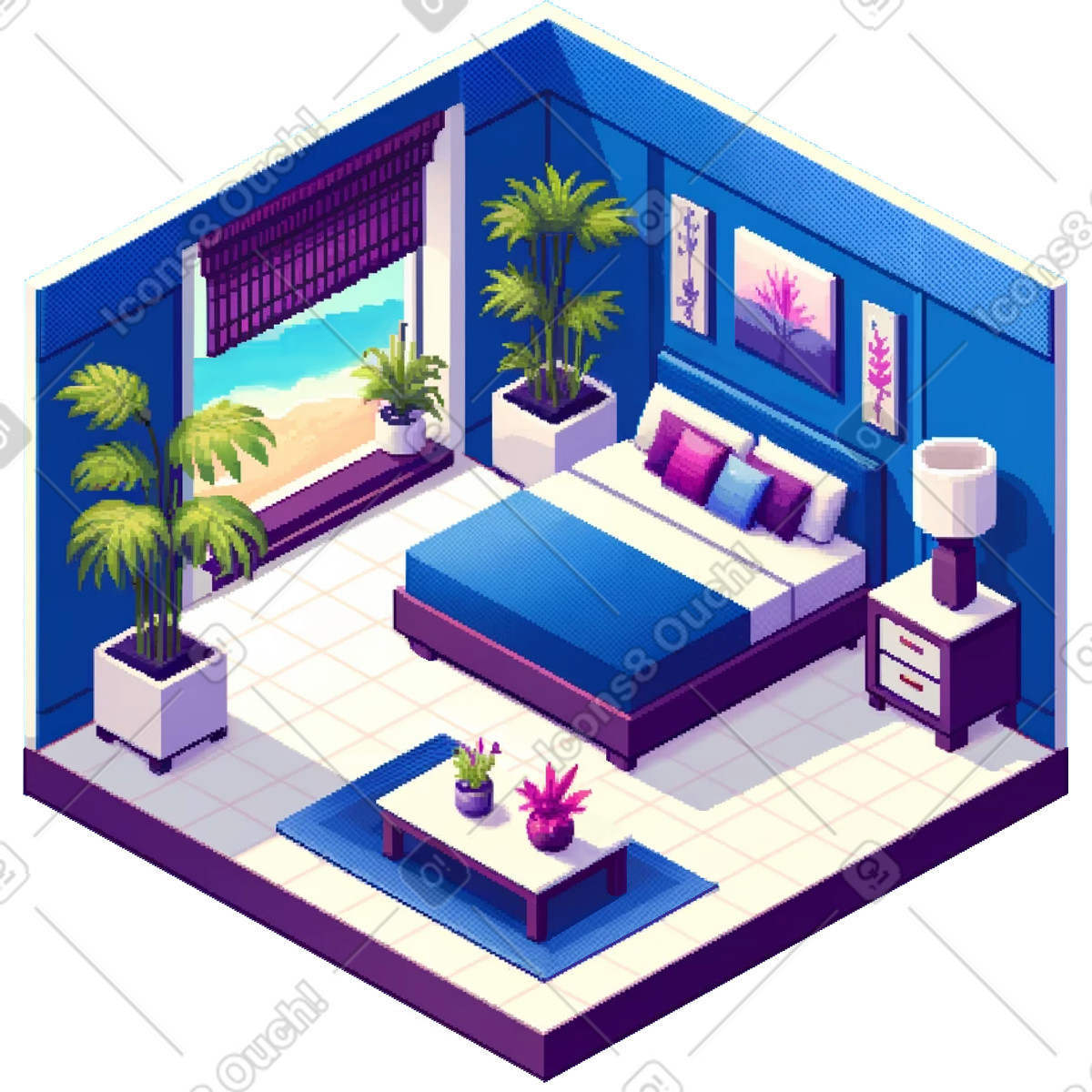 Interno della camera da letto in stile hawaiano con vista sull'oceano illustrazione Rooms scarica PNG, SVG