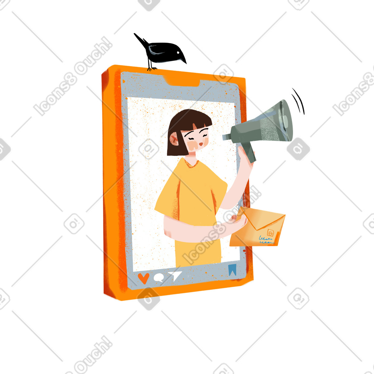 Donna con altoparlante che fa annuncio di promozione tramite social network illustrazione in stile Ikigai scarica in PNG, SVG