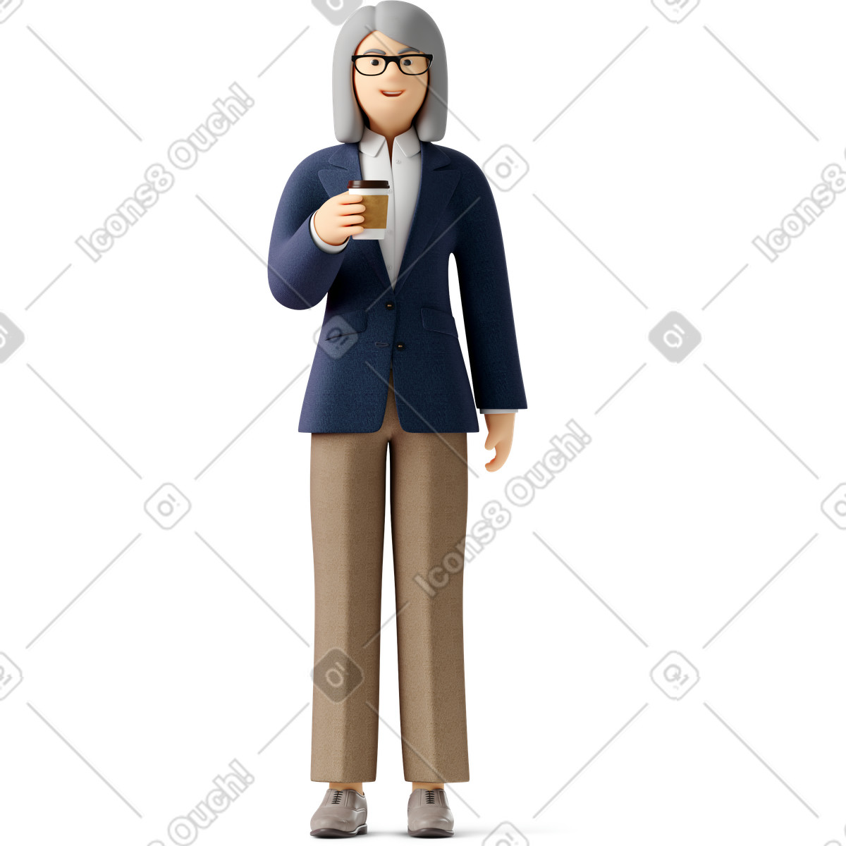 3D Business スタイルの 眼鏡と紙のコーヒーカップとスーツの古い実業家 のイラストをPNG、SVG形式でダウンロード