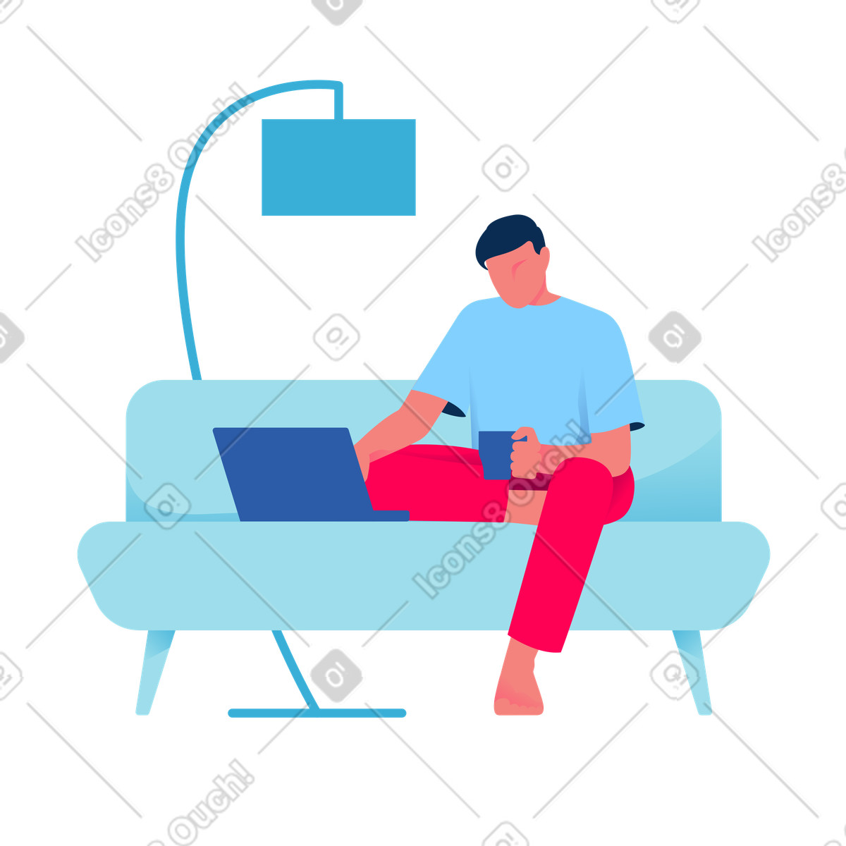 Illustration animée Remote worker with coffee mug using laptop on couch, work from home lifestyle dans le style Daily à télécharger aux formats GIF, Lottie (JSON), AE