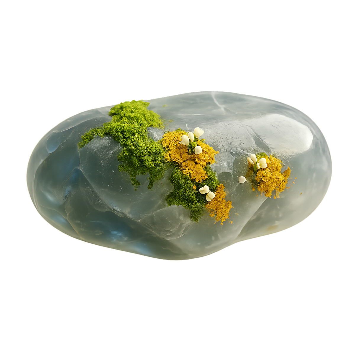 Blue quartz stone with moss and yellow flowers, Nature mineral decor illustrazione in stile Biomorphic scarica in PNG, SVG