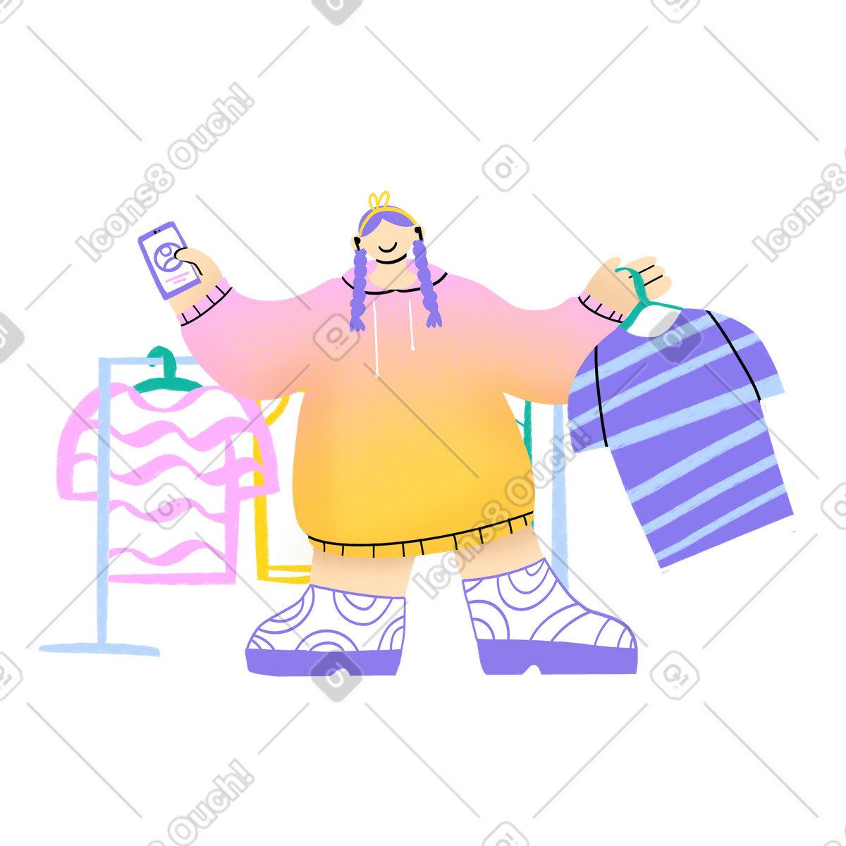 Woman choosing clothes while shopping illustration in Bonny style download in PNG, SVG