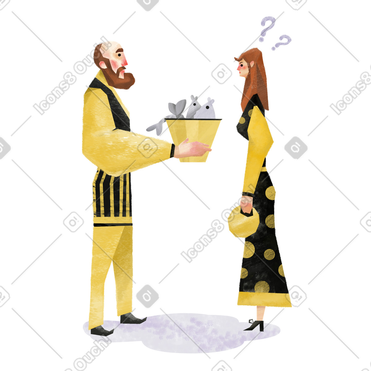 Ilustración Pescador mostrando su captura a una mujer. en estilo Family descargar en PNG y SVG