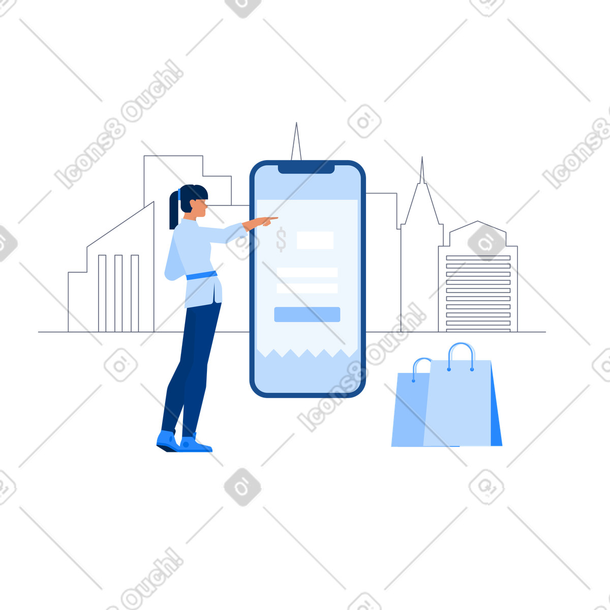 下载 Urban 风格的 Customer making payment on mobile phone, internet shopping and online retail 插画，支持 PNG、SVG 格式