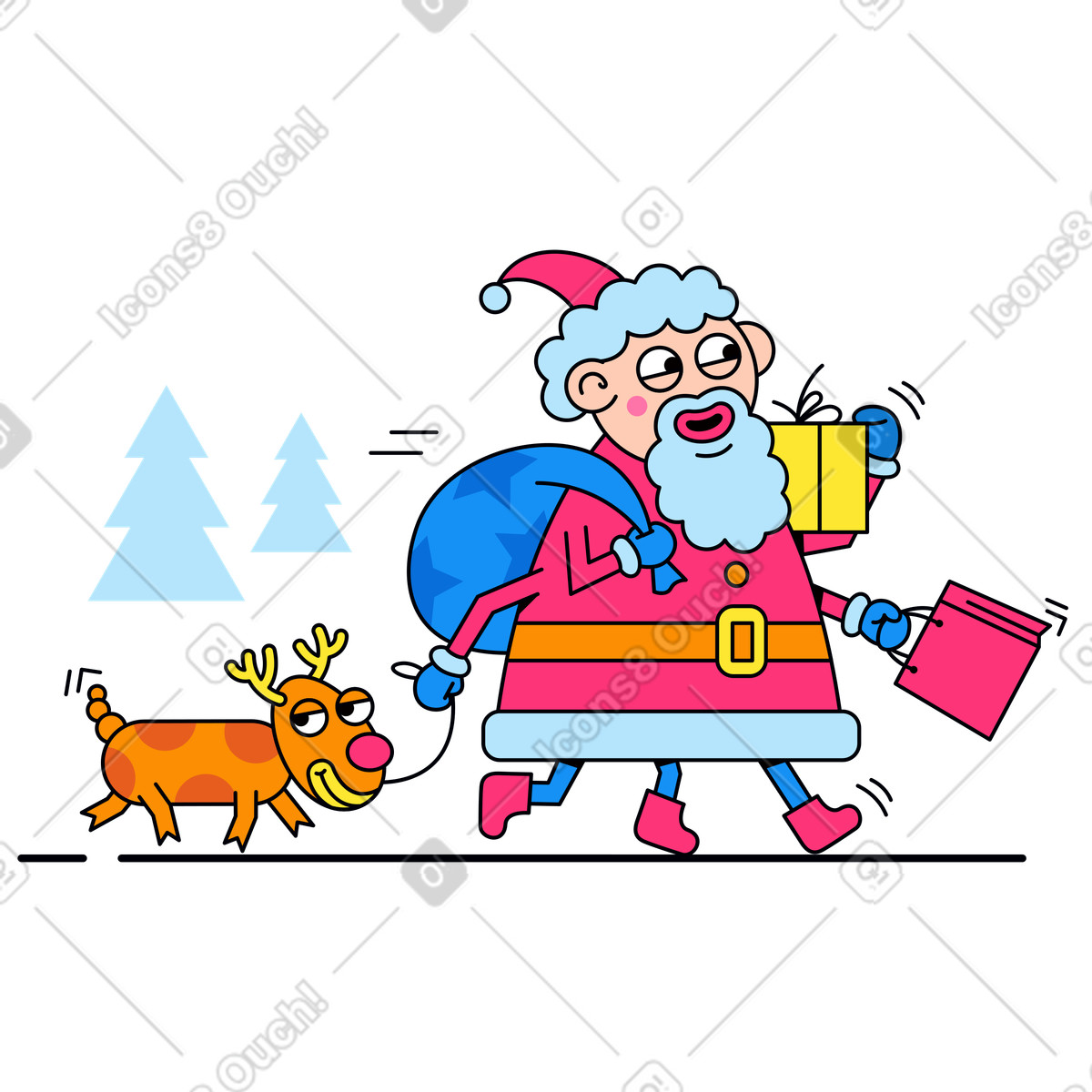 Illustration Père noël avec des cadeaux et un renne de compagnie dans le style Droll à télécharger aux formats PNG, SVG