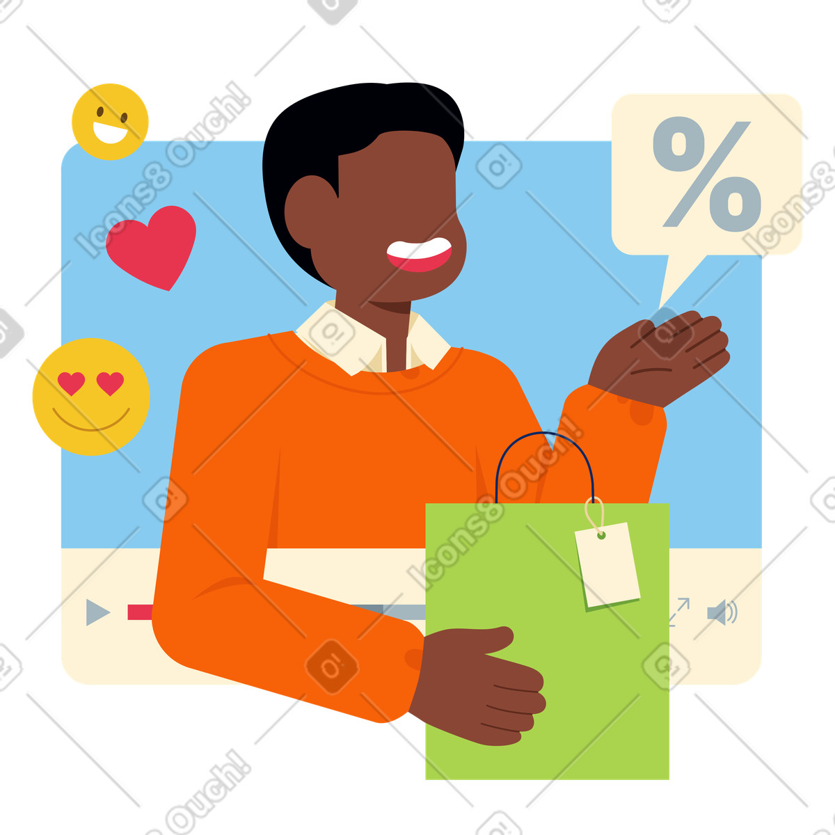 Uomo che promuove il prodotto tramite video marketing illustrazione in stile Catchy scarica in PNG, SVG