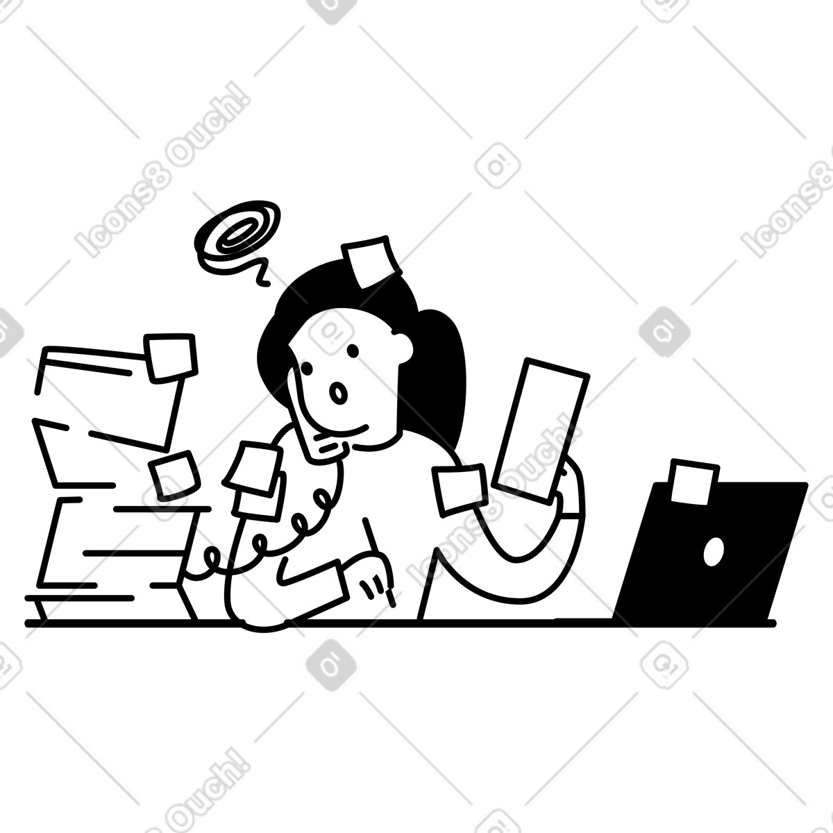 Overworked employee juggling telephone and documents with flying sticky notes illustrazione in stile Notion Line Art scarica in PNG, SVG