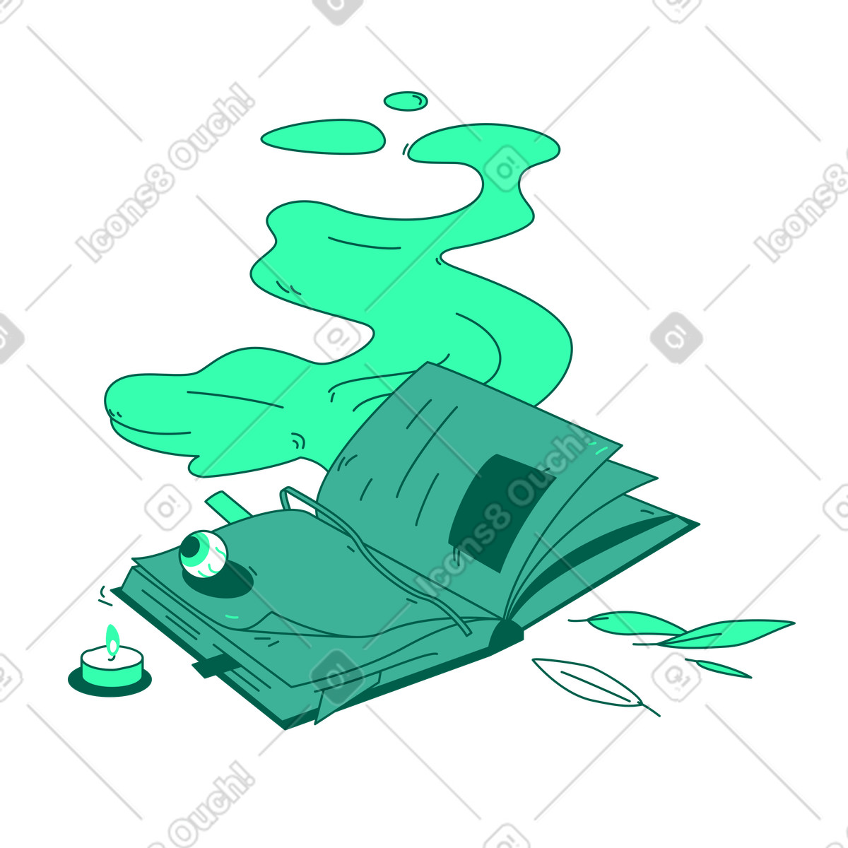 Illustration Livre avec des sorts magiques et un globe oculaire dans le style Storyline à télécharger aux formats PNG, SVG
