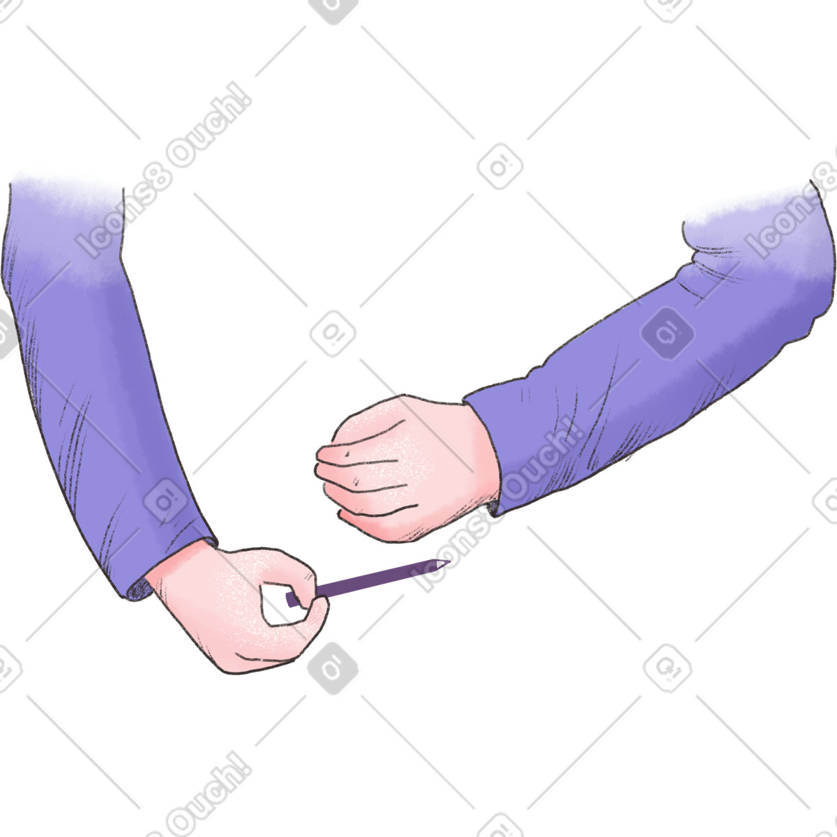 Arme in lila ärmeln mit einem bleistift der hand-Illustration im Moments-Stil als Download PNG, SVG