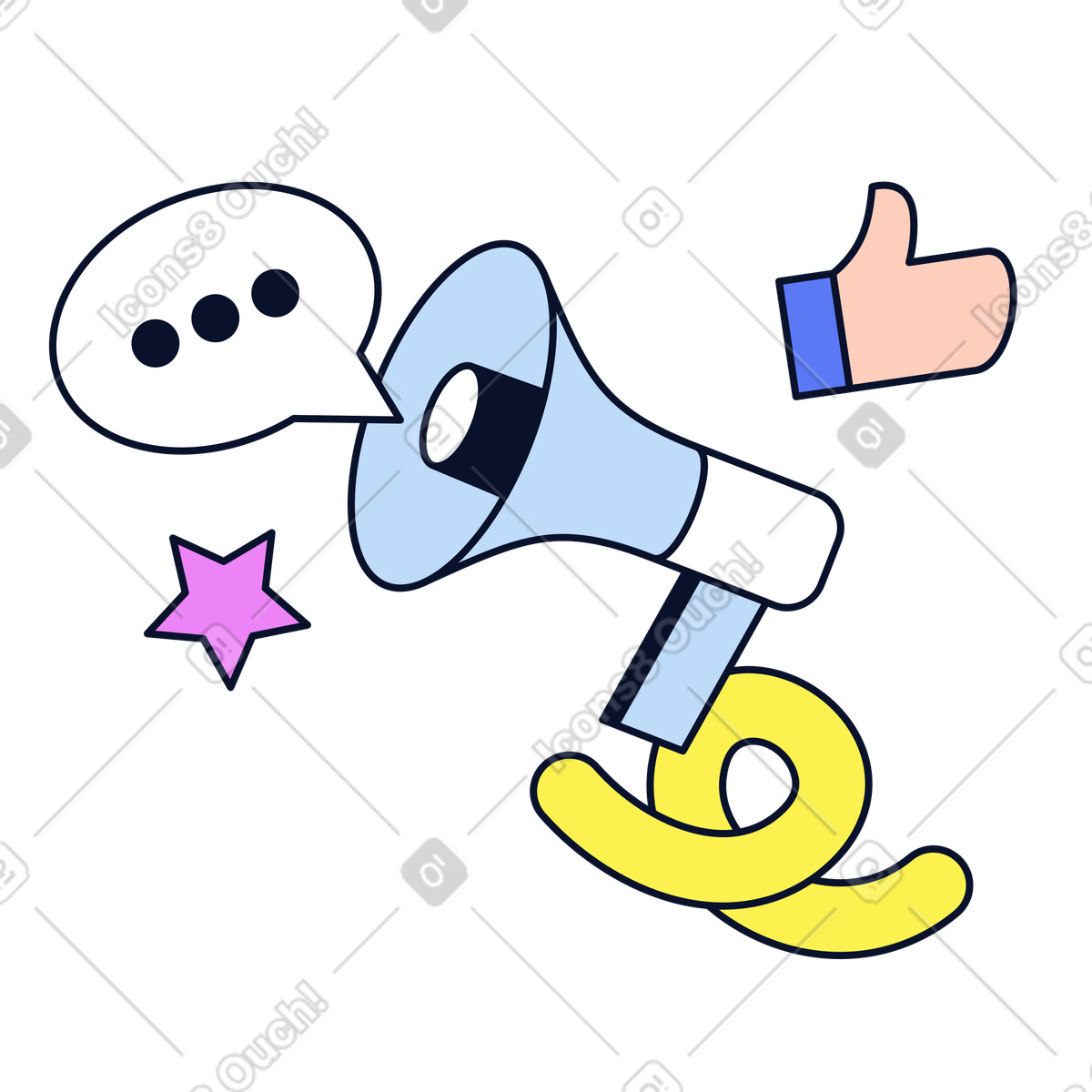 Ilustración Megaphone with speech bubble and thumbs up, Social media engagement or online promotion en estilo Flexy a descargar en PNG y SVG