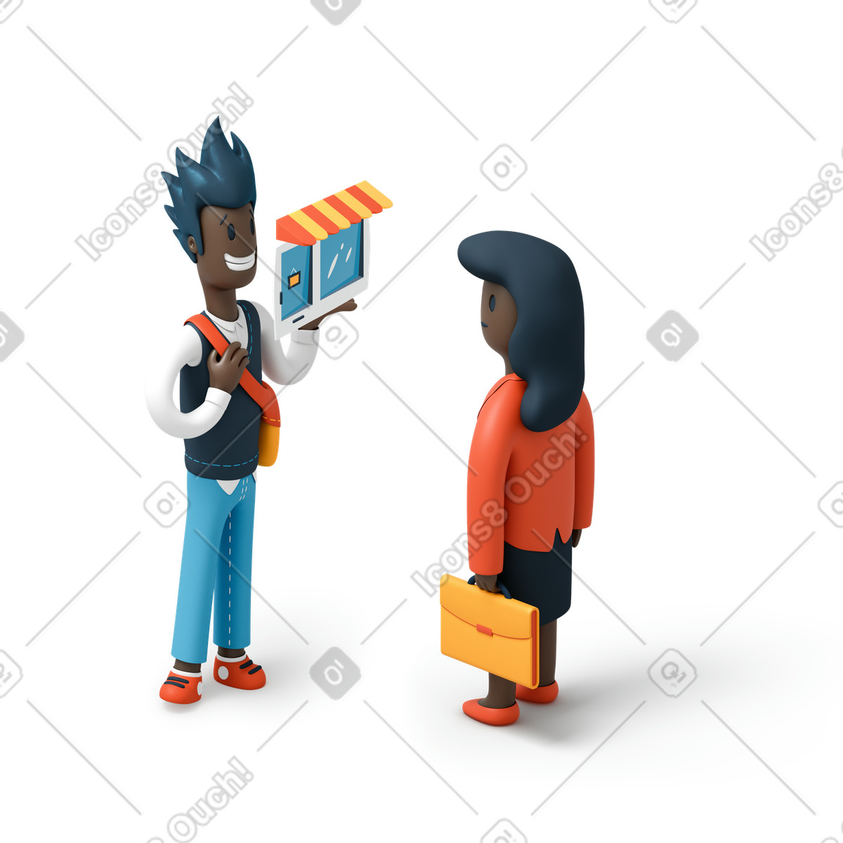 Mann und frau diskutieren über geschäfte-Illustration im 3D Flame-Stil als Download in PNG, SVG