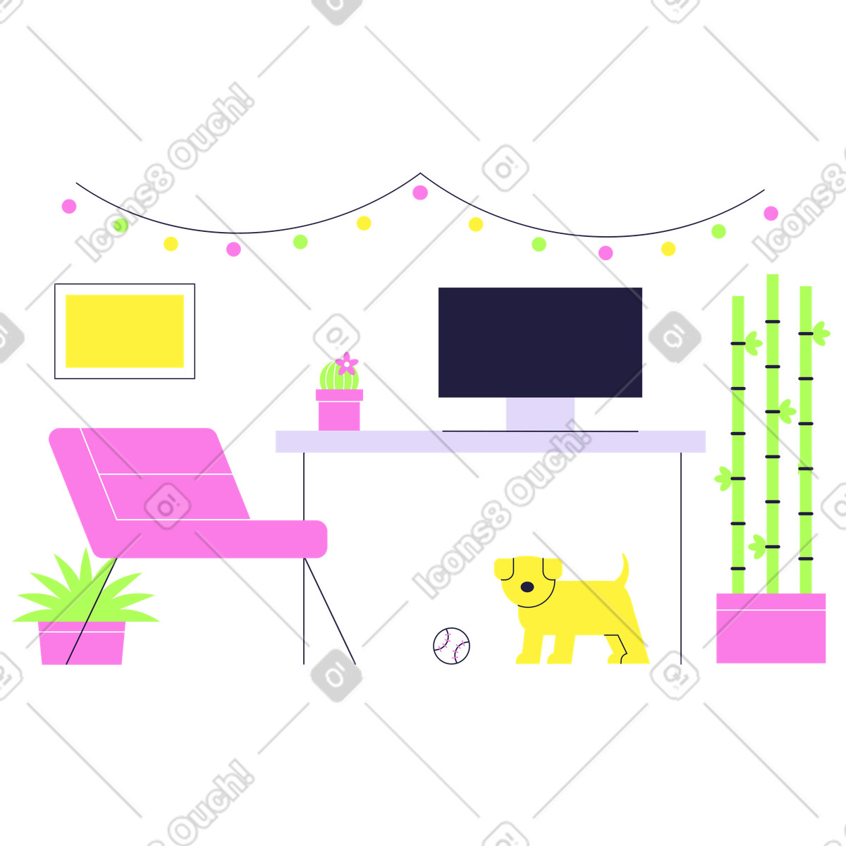 Ilustración Cozy living room with computer and dog, Relaxing home atmosphere en estilo Mellow a descargar en PNG y SVG